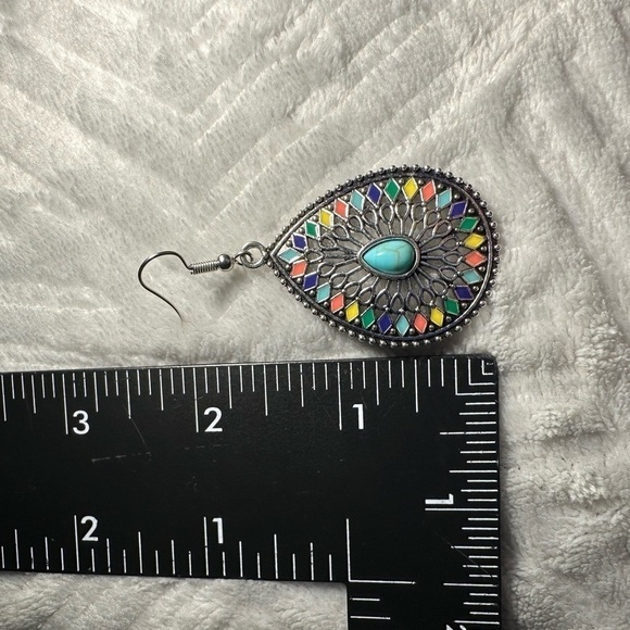 Water Drop Shape With Turquoise Decor Hollow Dangle Earrings - Picture 4 of 4
